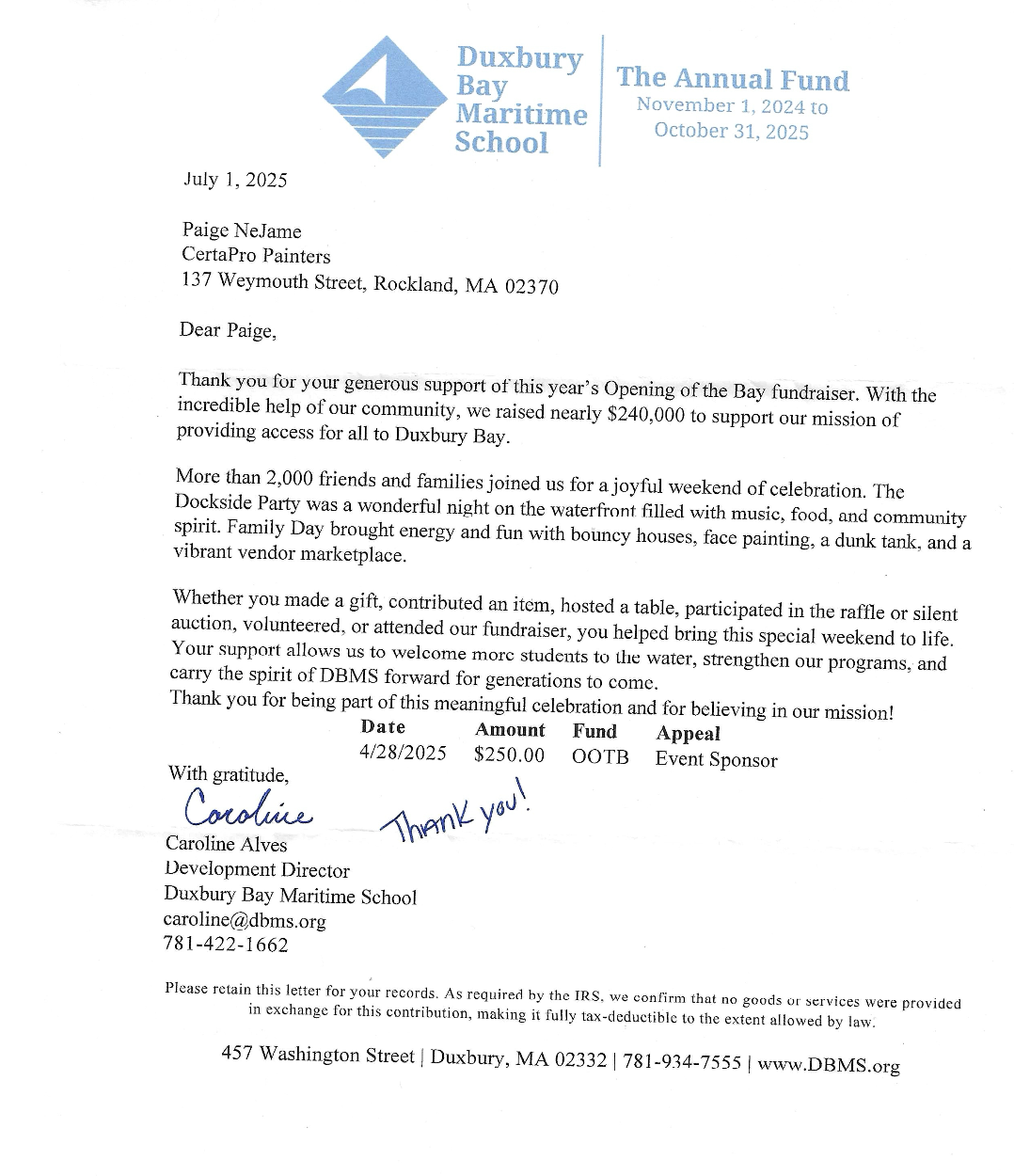 Thank you letter from Duxbury Bay Maritime School for donation